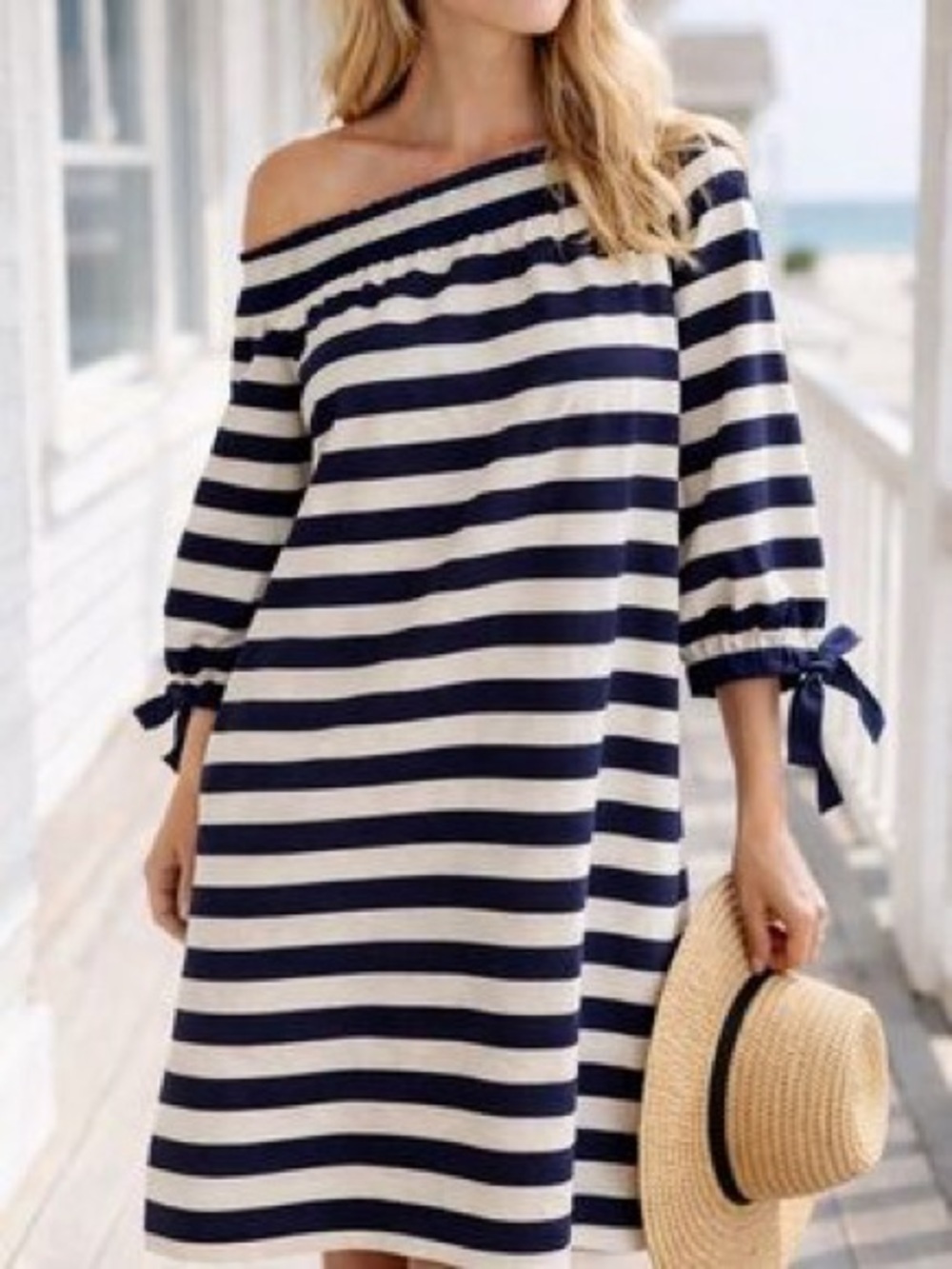 J. Crew Bold Stripe Off The Shoulder Shift Dress Bow Sleeve Coastal Coquette